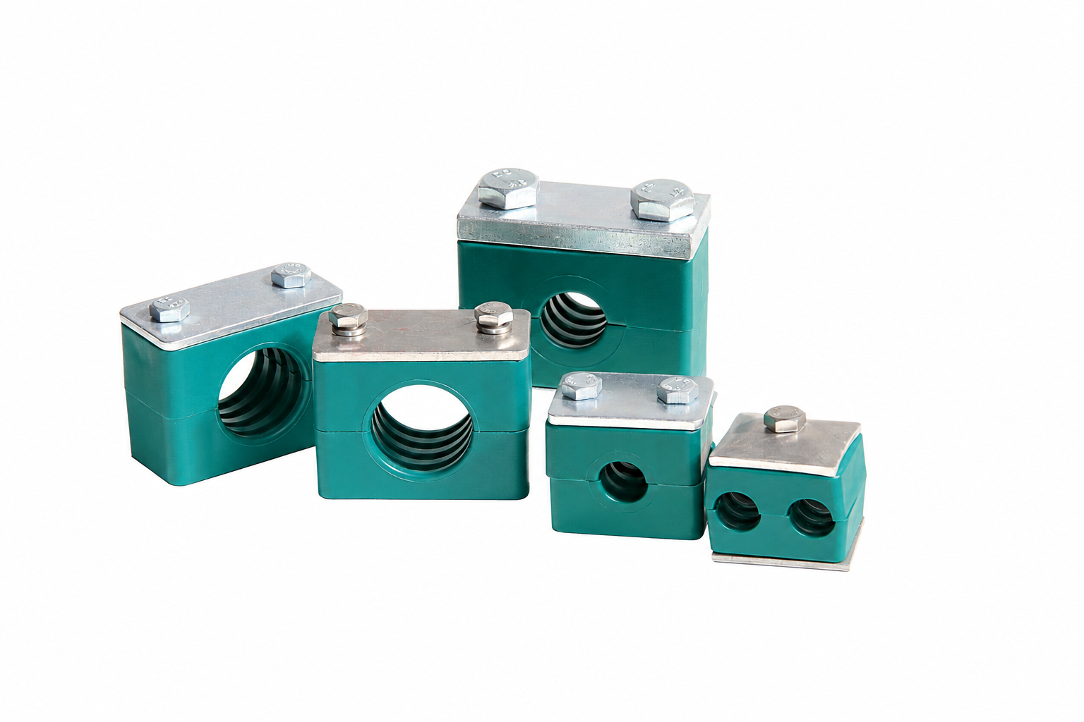 Green single and twin tube clamps with metal cover plates